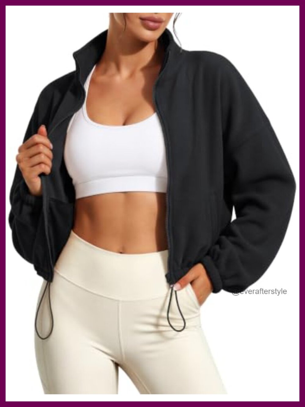 Women's Cropped Fleece Jacket Full Zip Sherpa Sweatshirt Drawstring Hem Pockets
